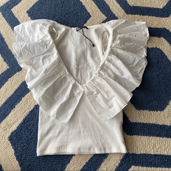 🐚 ZARA BOHO IVORY COTTON RUFFLE CROPPED TOP! - Picture 6 of 9